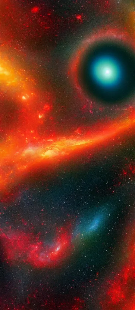Prompt: artist's rendition of a black hole, colorful nebulae in the background, 8 k, ultra detailed