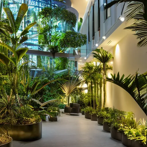 Prompt: The atrium of a refurbished contemporary building filled with tropical plants, blue hour, 4k,