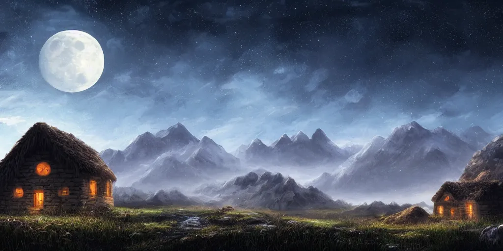 Image similar to Void covered fields with large mountains in the distance, small cottage in the foreground, nighttime, moon in the night sky, landscape wallpaper, d&d art, fantasy, painted, 4k, high detail, sharp focus