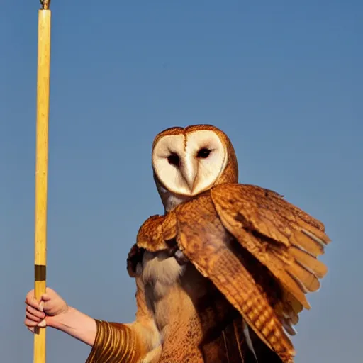 Image similar to humanoid barn owl wearing a roman toga and holding a javelin