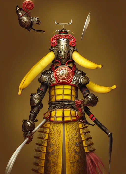 Prompt: a anthropomorphic banana wearing samurai armor, diffuse lighting, fantasy, intricate, elegant, highly detailed, lifelike, photorealistic, digital painting, artstation, illustration, concept art, smooth, sharp focus, art by john collier and albert aublet and krenz cushart and artem demura and alphonse mucha