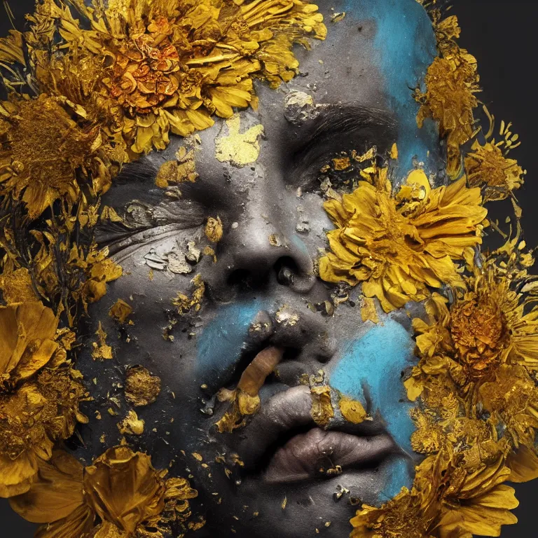 Prompt: A beautiful oil painting hyperrealism of a decayed black head, rotting black clay skin, gold flaked flowers, floral headdress, 8k resolution, octane render, Trending on artstation, by Gediminas Pranckevicius, volumetric light 2blue fractal Thunder glow by dan mumford, anaglyph effect, Laurie Lipton