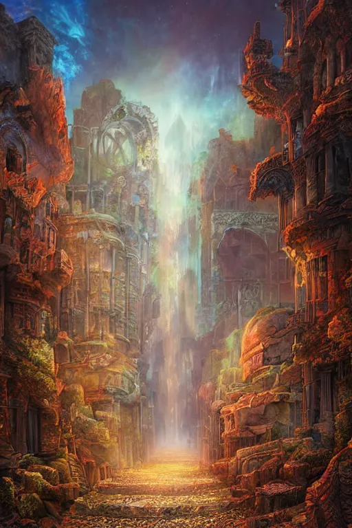 Prompt: beautiful matte painting street art fantasy ruins skyline background painted, intricate, volumetric lighting, beautiful, rich deep colors masterpiece, sharp focus, ultra detailed by alex grey