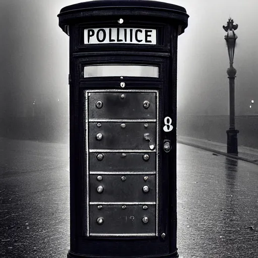 Image similar to A hyperdetailed 1920s era photograph of a Police Public Call Box sat on a street corner, night, dense fog, rain, HD, 8K resolution