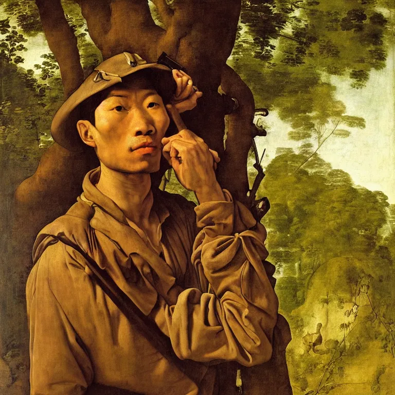 Prompt: portrait of a vietcong soldier, majestic, in jungle, fine art portrait painting, strong light, fashion, clair obscur, by albrecht durer, by caravaggio, by diego velazquez, by johannes vermeer, by jean honore fragonard, by peter paul rubbens, by bouguereau