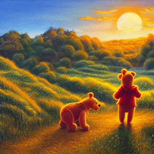 Image similar to winnie the pooh standing on a hill with sunset in background, oil painting, highly detailed