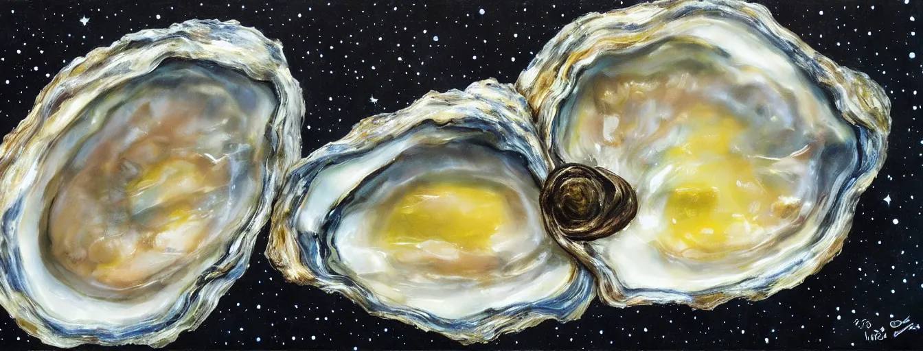 Image similar to Oyster with a star forming in it's core, floating in space, hyper realistic painting