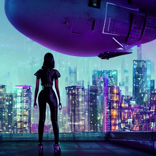 Prompt: cyberpunk girl standing on a rooftop, wearing holographic glasses, pale skin, dark purple hair, realistic body shape. wearing leather jacket and black cargo pants. night time, neon cityscape background, large blimp in the distance. 8 k