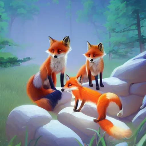 Image similar to painted portrait of a family portrait of foxes, fantastically pastel colors, octane render, matte painting concept art, official fanart behance hd artstation by jesper elsing, by rhads and makoto shinkai and lois van baarle and ilya kuvshinov and rossdraws