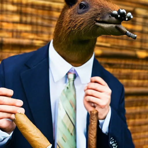 Image similar to smoking cigar, a man wearing a suit capybara head (smoking cigar)