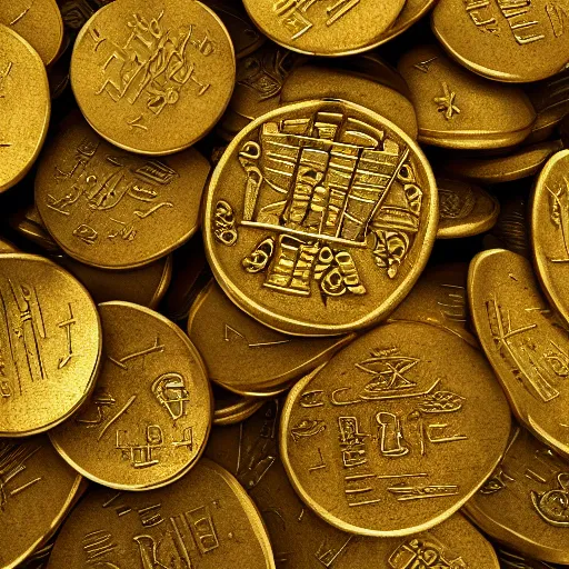 Image similar to A pile of ancient gold coins with the Yoda and hieroglyphic writing, cinematic, hyper realism, high detail, octane render, 8k