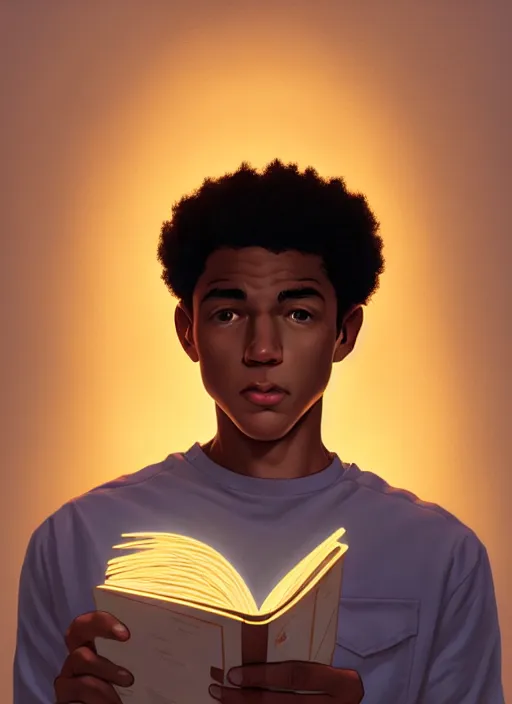 Image similar to portrait of chuck clayton, lightskin black teenage boy, very short curly hair, very short hair, short hair, strong jawline, square jaw, slight smile, reading archie comic, intricate, elegant, glowing lights, highly detailed, digital painting, artstation, concept art, smooth, sharp focus, illustration, art by wlop, mars ravelo and greg rutkowski