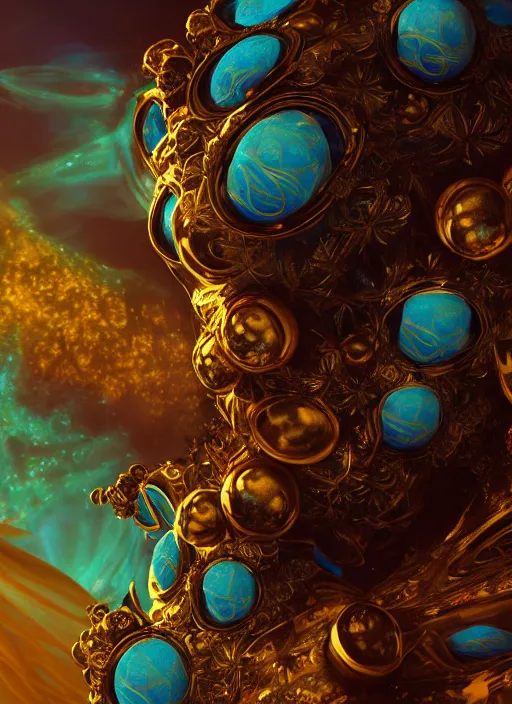 Image similar to flowers within the whole infinite capsule apparent with awe the apparition, an idea seep's into infinity highly detailed in volumetric latent space, golden turquoise steampunk, high contrast cinematic light, mystical shadows, sharp focus, divine realm of gods, octane render, artist by boris vallejo,