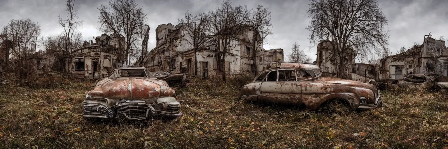 Image similar to low wide angle shot of dilapidated fallout 5 europa, retro futuristic overgrown euro rural town, desolate, dilapidated houses, few rusted retro futuristic vintage parked vehicles like cars, one shiny vintage motor, volumetric lighting, photorealistic, daytime, autumn, cold sunny weather, sharp focus, ultra detailed, 4 2 0 0 k