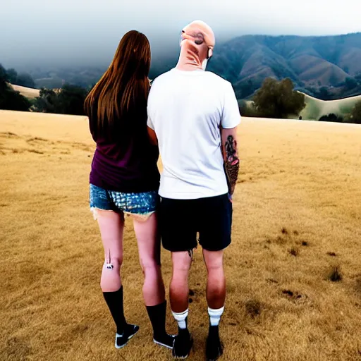 Image similar to portrait of a bald white male tattoos and his white female wife with tattoos. male is wearing a white t - shirt, tan shorts, white long socks. female is tall and has long brown hair photo from behind them overlooking the field with a goat pen. rolling hills in the background of california and a partly cloudy sky