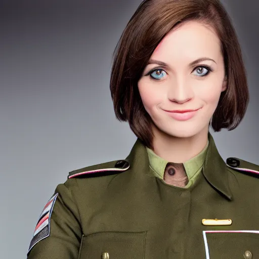 Image similar to brunette woman, short hair, flipped out ends, bright green eyes, military uniform, smirk