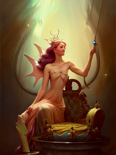Image similar to the fairy queen on her throne, by james jean, charlie bowater, tom bagshaw, nikolay makovsky : : portrait, character, illustration, hyperrealism, photorealism, digital art, concept art, fantasy, whimsy, weta, wlop, artstation