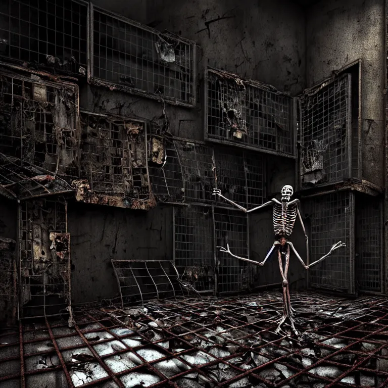 Prompt: Creepy huge suffering humanoid with long limbs sits on the floor and looks at the little old TV. An underground very dark gloomy multi-layered structure of rusty thick iron grates, dense chain-link fencing and peeling walls. Inside view, collapsed floors, bent rusted iron, masterpiece, black background, corners, cinematic, hyperdetailed, photorealistic, hyperrealism, octane render, 8k, depth of field, bokeh, architecture, shadows