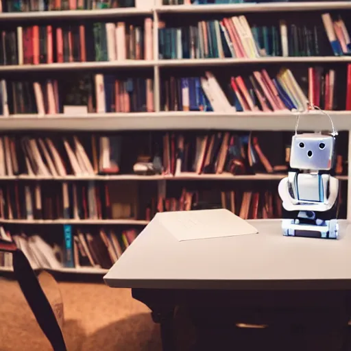 Image similar to a robot reading a book sitting in a desk chair and on the table a desk lamp turned on, in the background many books