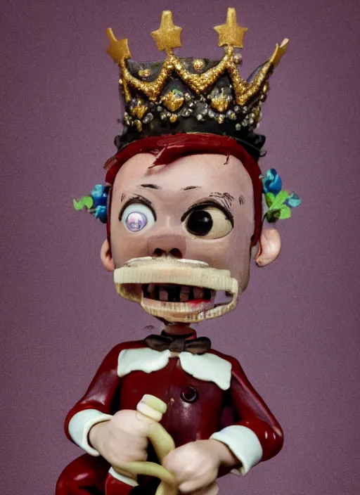 Image similar to closeup face profile portrait of tin toy jack the ripper as a fairytale prince wearing a crown eating cakes, banana, depth of field, zeiss lens, detailed, symmetrical, centered, fashion photoshoot, by nicoletta ceccoli, mark ryden, lostfish, breathtaking, 8 k resolution, extremely detailed, beautiful, establishing shot, artistic, hyperrealistic, octane render