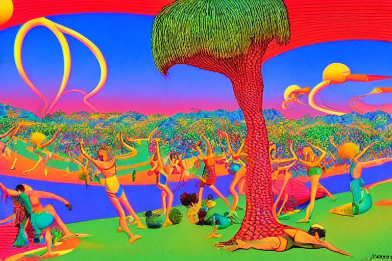 Image similar to a beautiful view of a groovypunk dance in a san francisco park, art by ron walotsky and peter max and roger dean