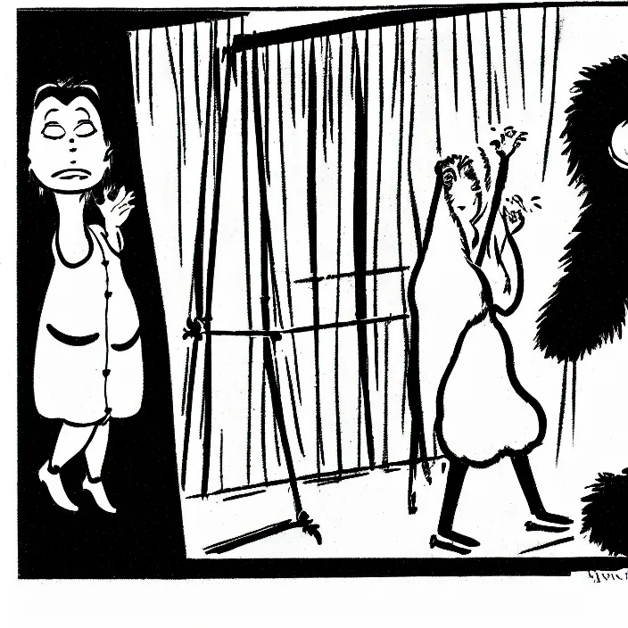 Prompt: a still frame from comic strip, two people hanging a black fluffy dog 1 9 5 0, herluf bidstrup, new yorker illustration, monochrome contrast bw, lineart, manga, tadanori yokoo, simplified,