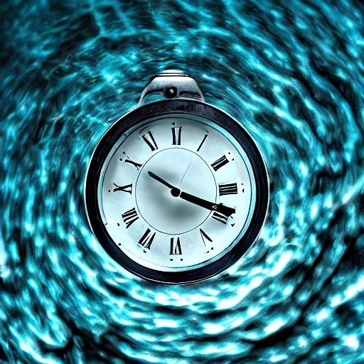 Prompt: clock underwater, award winning cyan and white photography