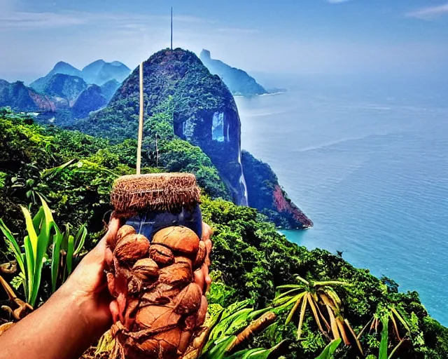 Image similar to corcovado rio de janeiro made of coconuts, colorful epic composition, land full of coconuts, pixar dreamy