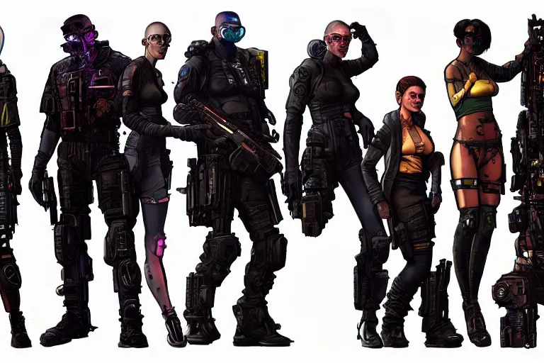 Image similar to cyberpunk blackops squad. portrait by stonehouse and mœbius and will eisner and gil elvgren and pixar. character design. realistic proportions. dystopian. cyberpunk 2 0 7 7 character art, blade runner 2 0 4 9 concept art. cel shading. attractive face. thick lines. the team. diverse characters artstationhq..