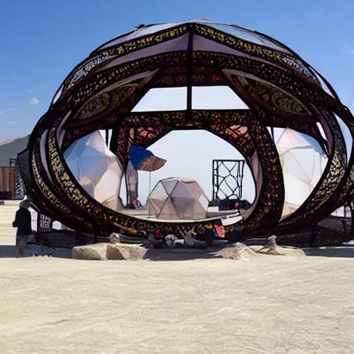 Prompt: epic geometric cat shaped canvas dome stage installation burning man playa