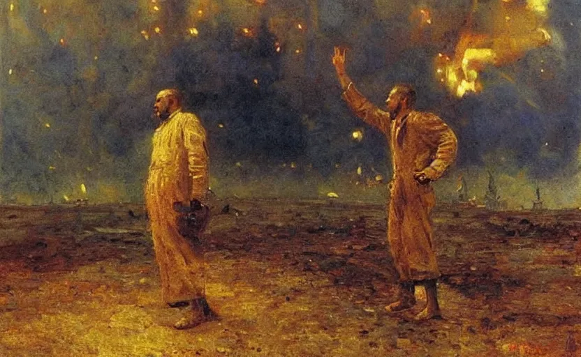 Prompt: high quality high detail painting by ilya repin man standing in front of huge explosion hd