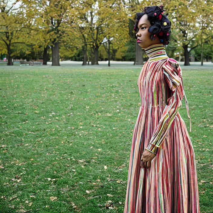 Image similar to a closeup portrait of a woman wearing a dress made of ribbon and roots, standing in an empty park, color photograph, by vincent desiderio, canon eos c 3 0 0, ƒ 1. 8, 3 5 mm, 8 k, medium - format print