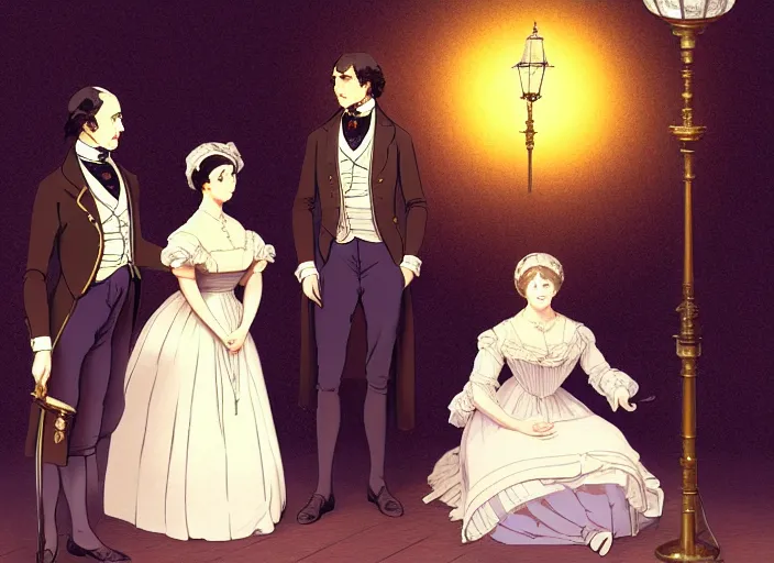 Image similar to victorian britain 1 8 3 6, wealthy couple william and fanny nightingale entertain numerous guests in english victorian manor, adolecent florence nightingale reciting poetry, lamp light, finely detailed perfect art, gapmoe yandere grimdark, trending on pixiv fanbox, painted by greg rutkowski makoto shinkai takashi takeuchi studio ghibli