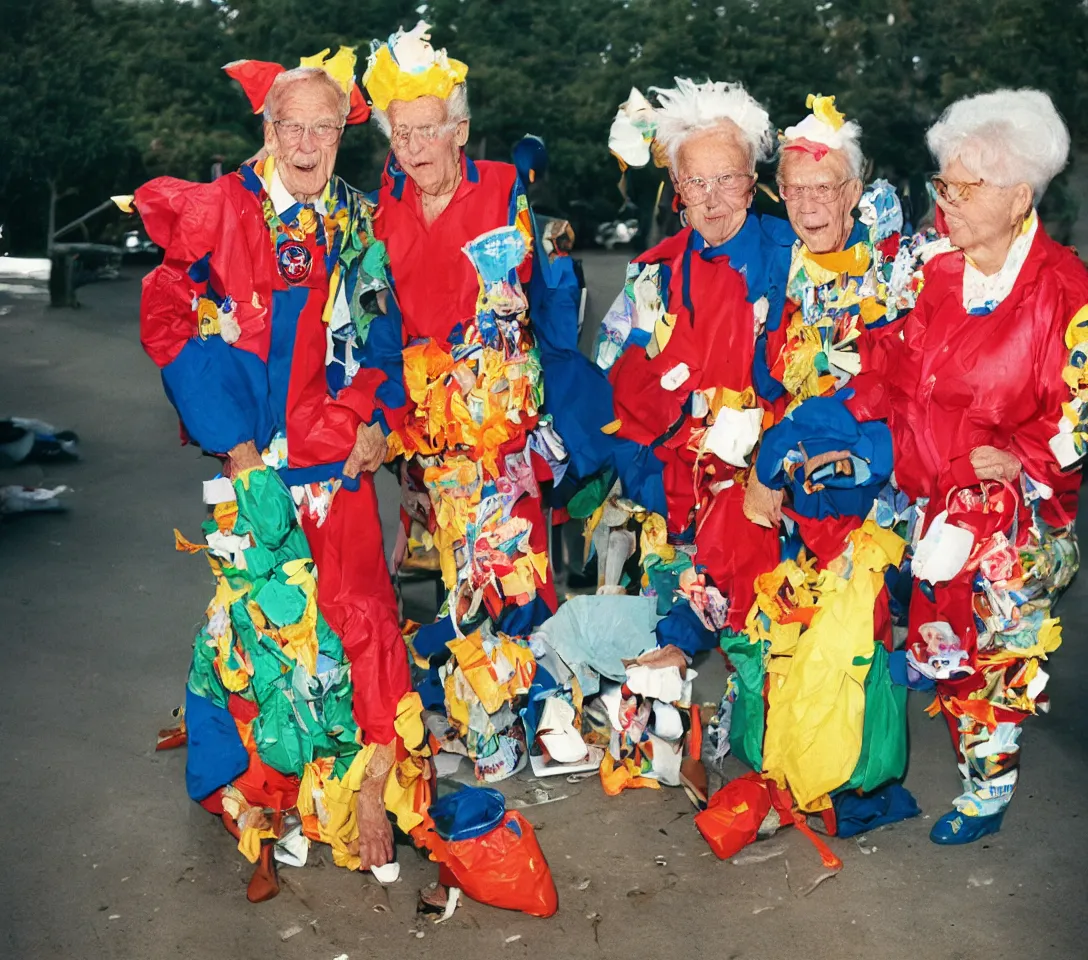 Image similar to a martin parr photo of a grandpa couple, wearing weird trash costumes, fujifilm velvia 5 0