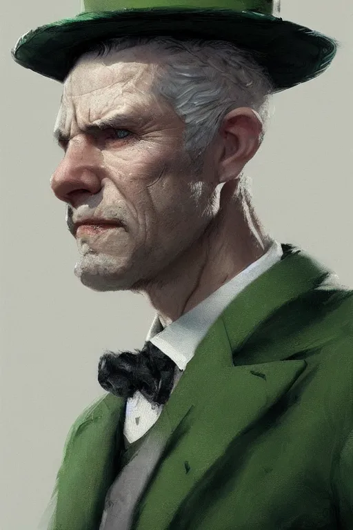 Image similar to a grey hair old halfling green eyes with stubble top hat and suit by Greg Rutkowski, painting, portrait, HD, high details, trending on artstation