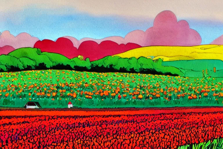 Image similar to painting of a tulip field with rolling hills, watercolour by wes wilson, victor moscoso, robert crumb, peter max, william finn, martin sharp