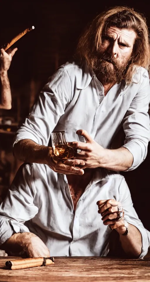 Image similar to man sitting alone at a large table, smoking a cigar and drinking whiskey with long hair and a dirty ripped white shirt, horror, gothic, lovecraftian, 4 k, realistic, high detail, gruesome