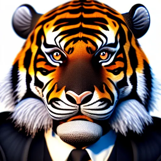 Prompt: anthropomorphic tiger in a black suit, ultra detail, ultra realistic, soft fur, ssao 8 k