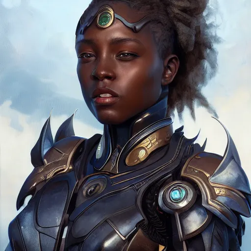Prompt: portrait painting of a muscular black girl with futuristic armor, ultra realistic, concept art, intricate details, eerie, highly detailed, photorealistic, octane render, 8 k, unreal engine. art by artgerm and greg rutkowski and alphonse mucha