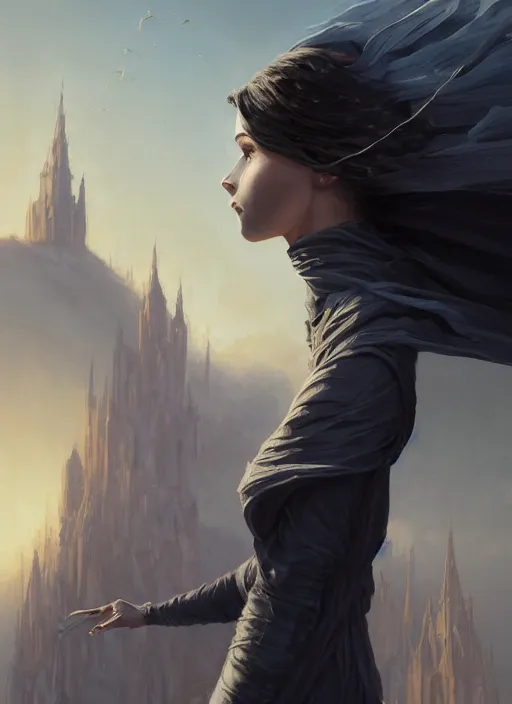 Prompt: ultra very detailed portrait of lady vin 2 9 3 2 9 from mistborn ascending to sky from behind, wearing black tight clothing, waving the shredded in strips cloak, medieval town landscape, detailed face, trending on artstation by greg rutkowski loish rhads ferdinand knab