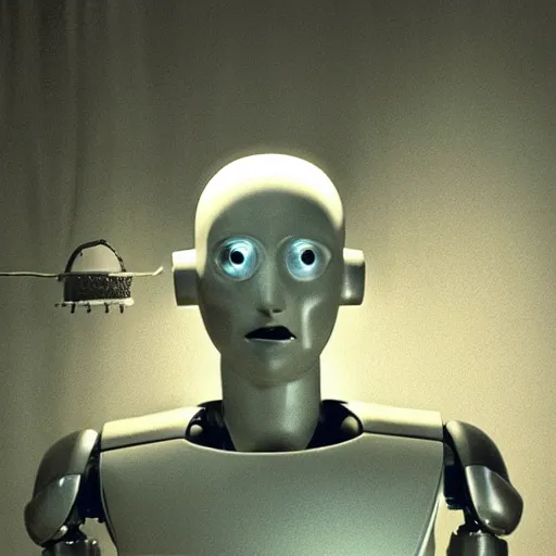 Image similar to movie scene of a man with a robot head, movie still, acting, cinematic composition, cinematic lighting, Movie by David Lynch and Andrzej Żuławski