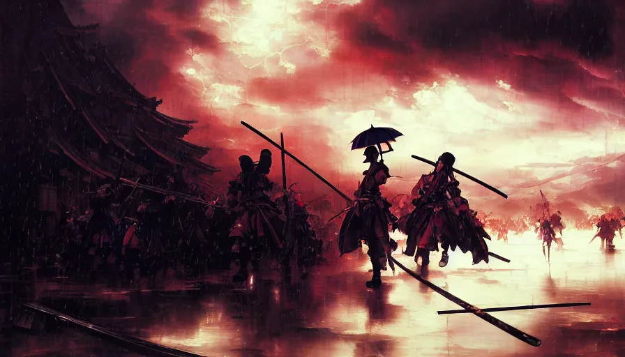 Image similar to baroque oil painting of key visual great samurai war, rain, storm, final fantasy, fake detail, trending pixiv fanbox, acrylic palette knife, style of makoto shinkai takashi takeuchi yoshiyuki sadamoto greg rutkowski chiho aoshima