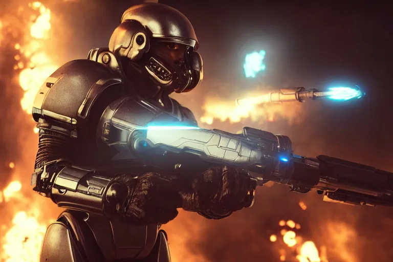 Image similar to VFX movie closeup portrait of a futuristic inhuman alien spacemarines in future spaceship, firing gun at space pirates detailed creature skin neon lighting by Emmanuel Lubezki