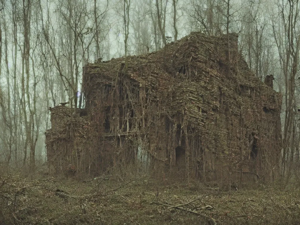 Image similar to abandoned wooden house in the woods, by zdzislaw beksinski, oil on canvas