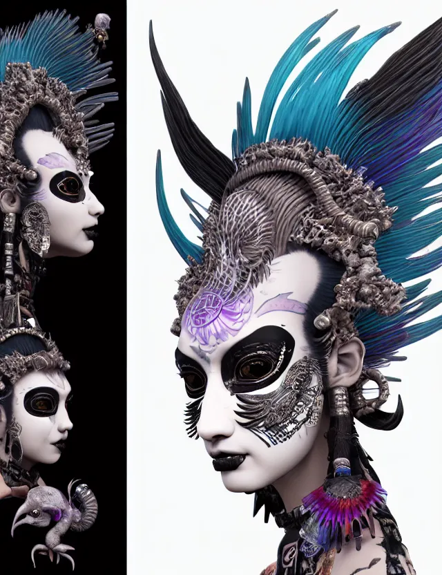 Image similar to 3 d goddess close - up profile portrait punk with mohawk with ram skull. beautiful intricately detailed japanese crow kitsune mask and clasical japanese kimono. betta fish, jellyfish phoenix, bio luminescent, plasma, ice, water, wind, creature, artwork by tooth wu and wlop and beeple and greg rutkowski