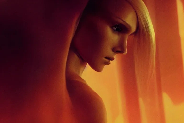 Prompt: a still from bladerunner 2 0 4 9 depicting a medium shot photograph of a beautiful woman with blonde hair emerging from a futuristic immortality machine. she stares intently into the camera with a hungry expression. sci fi, futuristic, cinematic, low light, soft focus, rebirth, phoenix from the ashes metaphor.