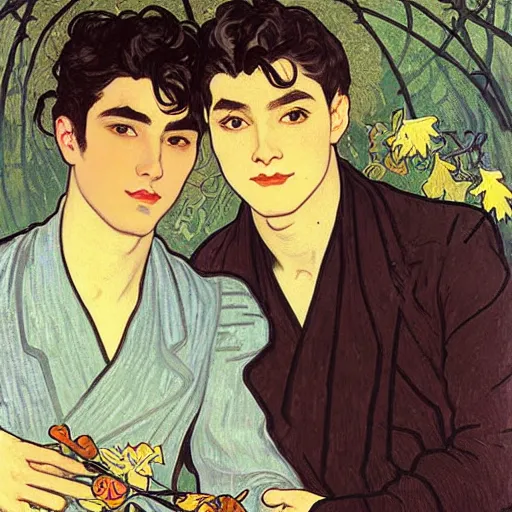 Image similar to painting of young cute handsome beautiful dark medium wavy hair man in his 2 0 s named shadow taehyung and cute handsome beautiful min - jun together at the halloween! party, bubbling cauldron!, candles!, smoke, autumn! colors, elegant, wearing suits!, delicate facial features, art by alphonse mucha, vincent van gogh, egon schiele