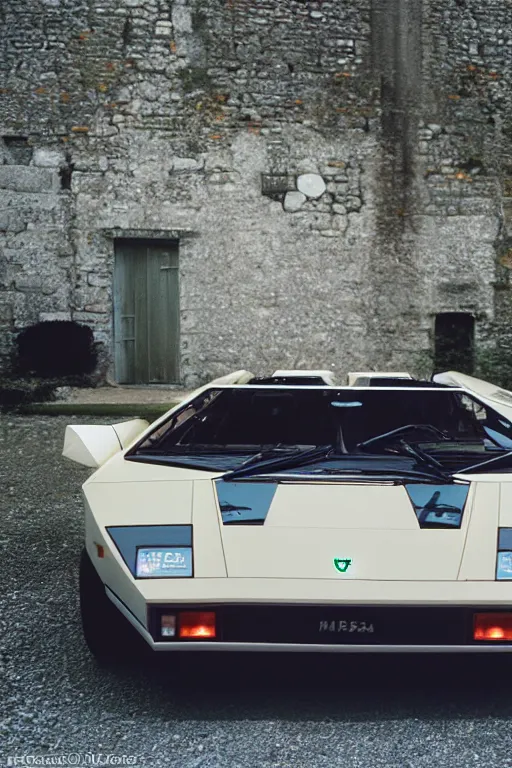 Prompt: Medium Format Portrait Photo of a Lamborghini Countach LP5000 QV parked on a dock in Lake Como, sunny, award winning, highly detailed, depth of field, Cinestill 800t, wide shot, photo print.