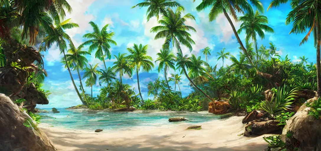 Image similar to beautiful tropical island beach, lush vegetation, white sand beach, tropic plants and flowers, clear water, dramatic lighting, cinematic, establishing shot, extremely high detail, foto realistic, cinematic lighting, post processed, concept art, artstation, thick oil painting, style by greg carter