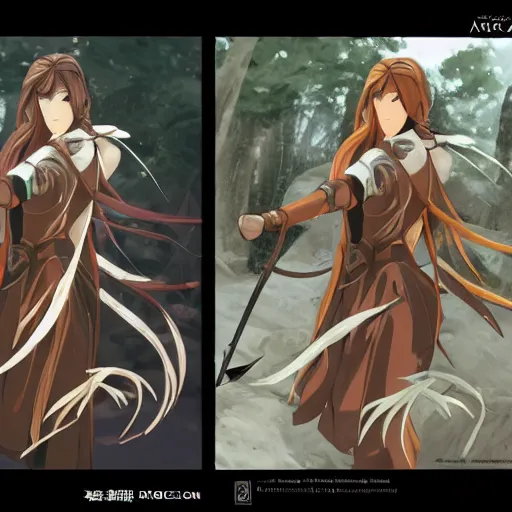 Prompt: archer girl fight fire mage, anime style, long hair, hair down, symmetrical facial features, from arknights, modern clothes, hyper realistic, pale skin, 4k, rule of thirds, extreme detail, detailed drawing, trending artstation, hd, scifi, D&D, realistic lighting, by Alphonse Mucha, Greg Rutkowski, sharp focus, backlit